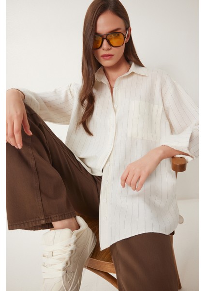 Çizgili Oversize Keten Gömlek