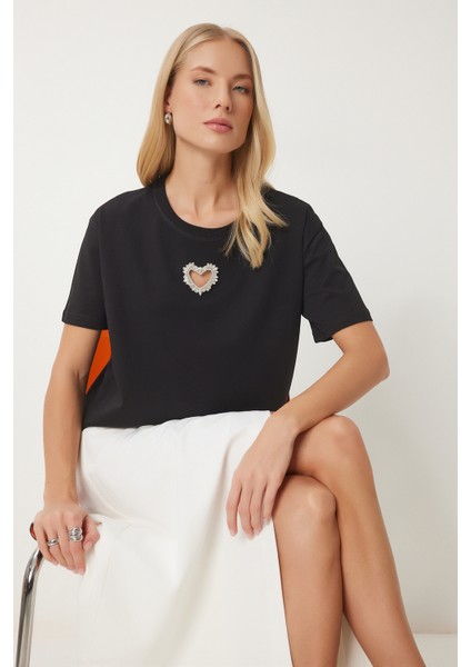 Işıltılı Kalp Aksesuarlı Pamuklu Örme T-Shirt