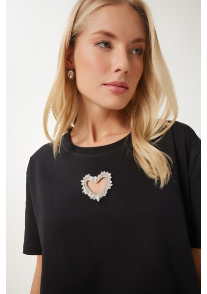 Işıltılı Kalp Aksesuarlı Pamuklu Örme T-Shirt