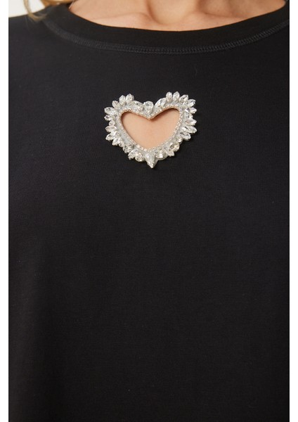 Işıltılı Kalp Aksesuarlı Pamuklu Örme T-Shirt
