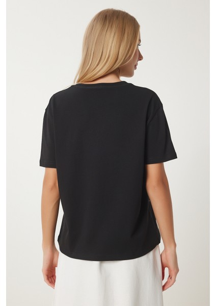 Işıltılı Kalp Aksesuarlı Pamuklu Örme T-Shirt
