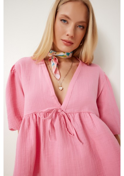 V Yaka Bağlama Detaylı Volanlı Müslin Bluz LAN0032 PEMBE modelleri