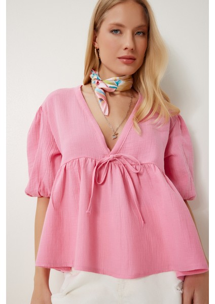 V Yaka Bağlama Detaylı Volanlı Müslin Bluz LAN0032 PEMBE indirimleri