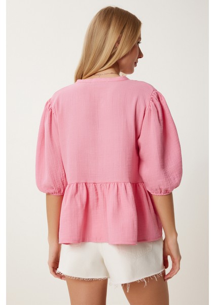 V Yaka Bağlama Detaylı Volanlı Müslin Bluz LAN0032 PEMBE