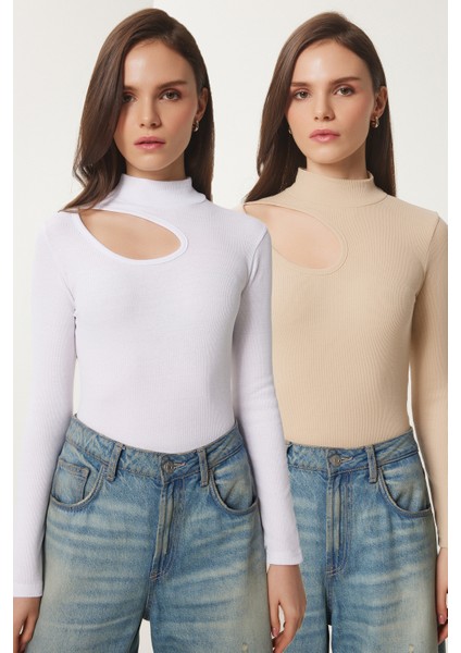 2'li Paket Cut Out Detaylı Fitilli Örme Bluz Krem Beyaz LGT0034