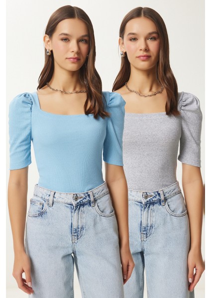 2'li Paket Kare Yaka Fitilli Crop Bluz