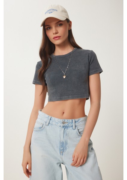 Soluk Efektli Crop Örme T-Shirt fiyatları