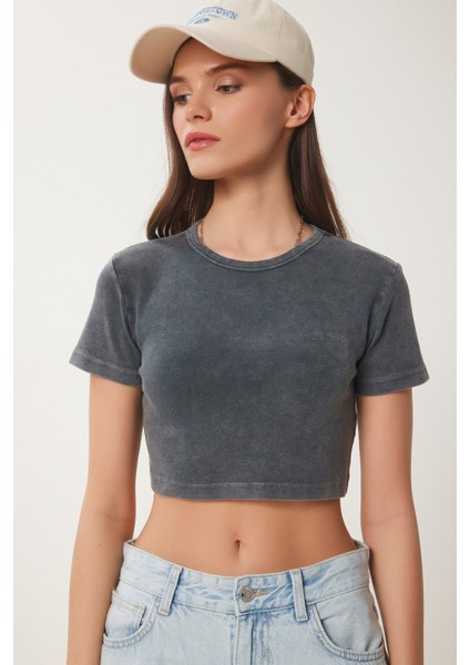 Soluk Efektli Crop Örme T-Shirt modelleri
