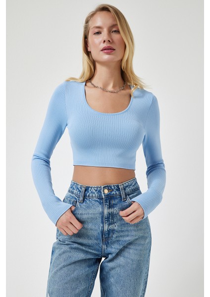 U Yaka Fitilli Crop Triko Bluz