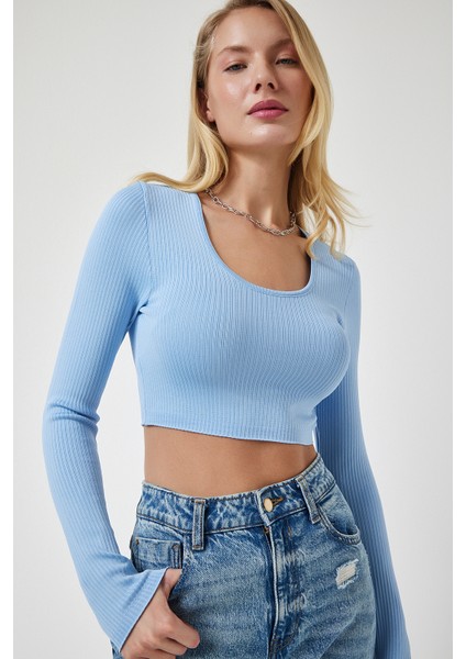 U Yaka Fitilli Crop Triko Bluz
