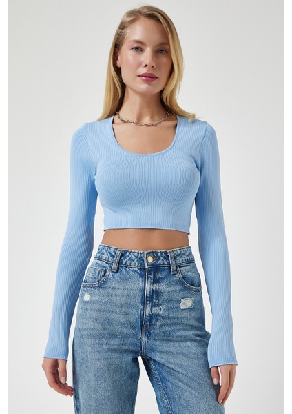 U Yaka Fitilli Crop Triko Bluz