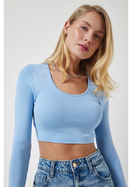 U Yaka Fitilli Crop Triko Bluz