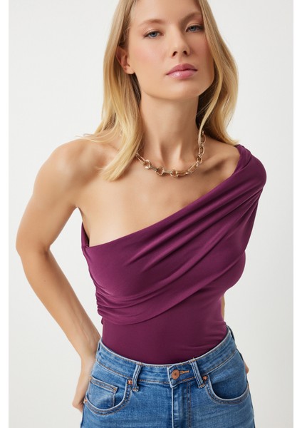 Tek Omuz Büzgülü Örme Bluz LDZ0003 MÜRDÜM