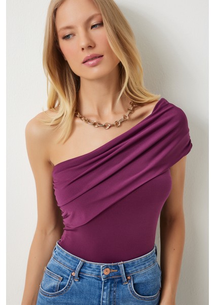 Tek Omuz Büzgülü Örme Bluz LDZ0003 MÜRDÜM fiyatları