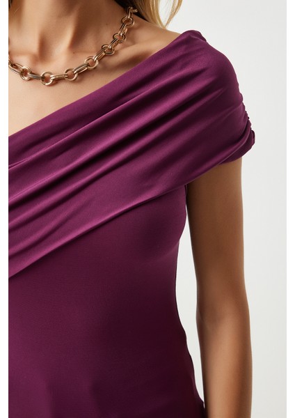 Tek Omuz Büzgülü Örme Bluz LDZ0003 MÜRDÜM modelleri