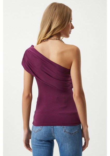 Tek Omuz Büzgülü Örme Bluz LDZ0003 MÜRDÜM fırsatları