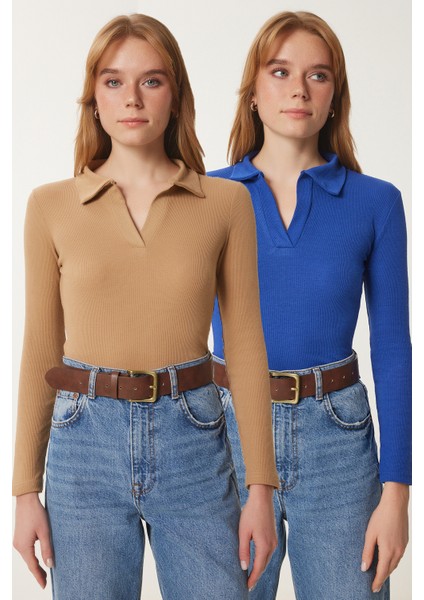 Polo Yaka Fitilli 2'li Paket Örme Bluz