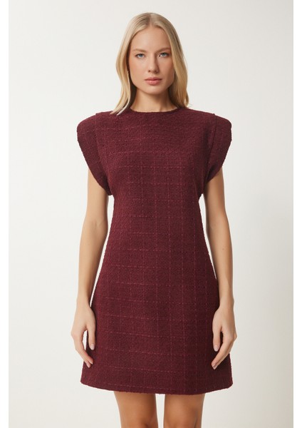 Vatkalı Mini Tüvit Dokuma Elbise LWF0023 BORDO