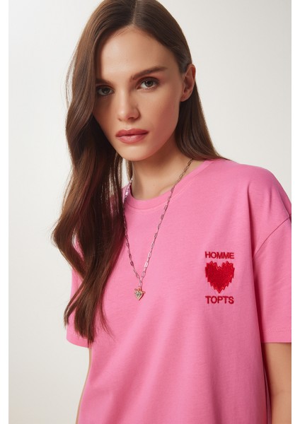 Kalp Nakışlı Pamuklu Örme T-Shirt
