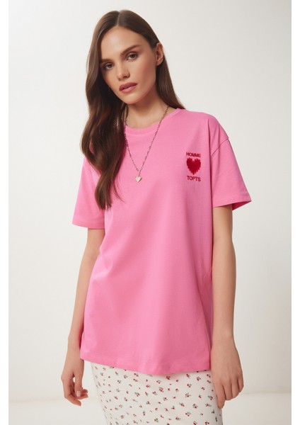 Kalp Nakışlı Pamuklu Örme T-Shirt fiyatları