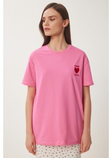 Kalp Nakışlı Pamuklu Örme T-Shirt fırsatları