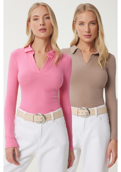 Polo Yaka Fitilli 2'li Paket Örme Bluz