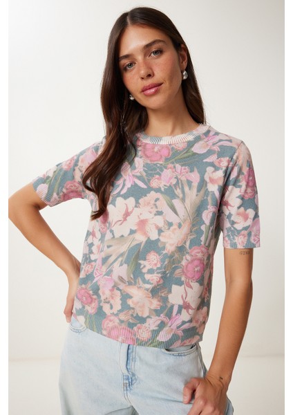 Çiçek Desenli Esnek Örme Bluz Yeşil Pembe LDP0059 modelleri