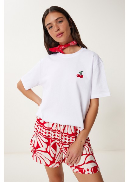 Kiraz Nakışlı Pamuklu Örme T-Shirt fiyatları