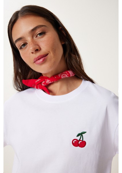 Kiraz Nakışlı Pamuklu Örme T-Shirt modelleri
