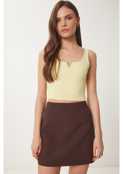 Gold Aksesuarlı Crop Fitilli Triko Bluz