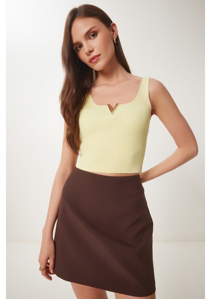 Gold Aksesuarlı Crop Fitilli Triko Bluz