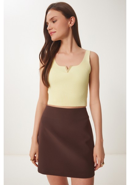Gold Aksesuarlı Crop Fitilli Triko Bluz
