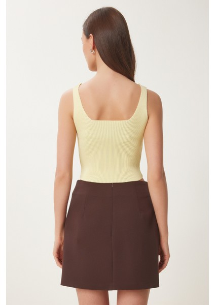 Gold Aksesuarlı Crop Fitilli Triko Bluz