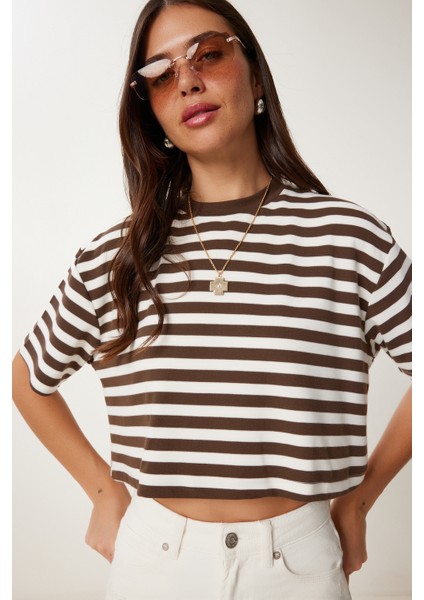 Çizgili Esnek Crop Örme T-Shirt fiyatları
