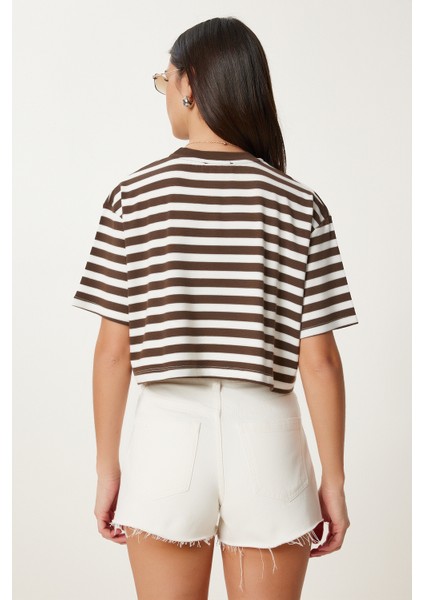 Çizgili Esnek Crop Örme T-Shirt indirimleri