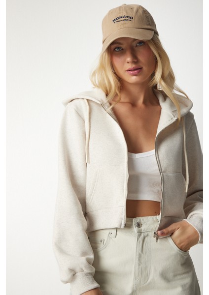 Kapüşonlu Fermuarlı Crop Sweatshirt LUB0054 BEJ