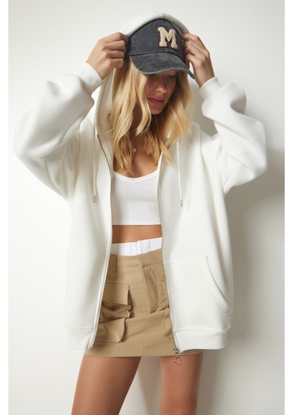 Kapüşonlu Fermuarlı Oversize Sweatshirt LUB0002 EKRU