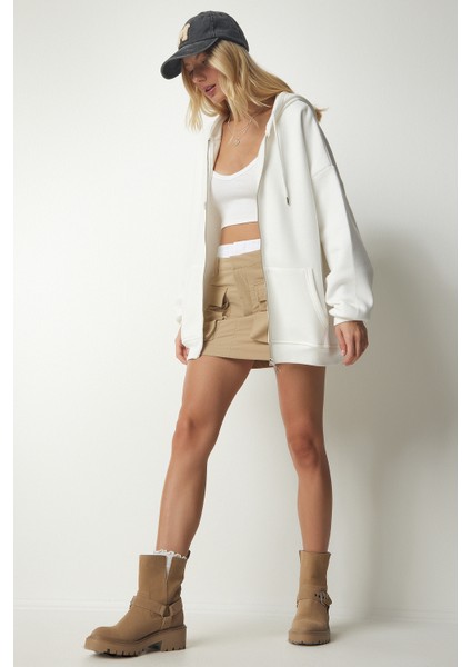 Kapüşonlu Fermuarlı Oversize Sweatshirt LUB0002 EKRU fiyatları