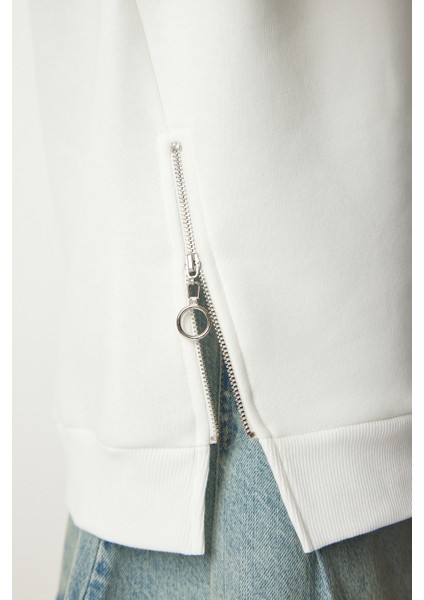 Fermuar Detaylı Şardonlu Sweatshirt LUB0003 EKRU