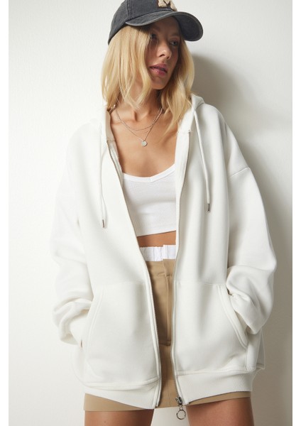 Kapüşonlu Fermuarlı Oversize Sweatshirt LUB0002 EKRU fırsatları