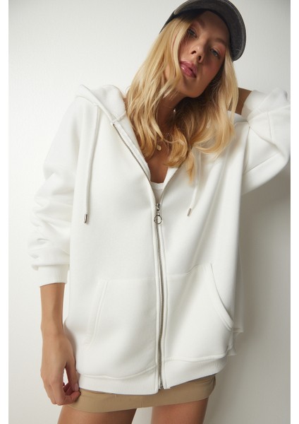 Kapüşonlu Fermuarlı Oversize Sweatshirt LUB0002 EKRU indirimleri