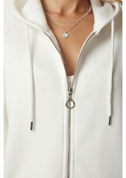 Kapüşonlu Fermuarlı Oversize Sweatshirt LUB0002 EKRU