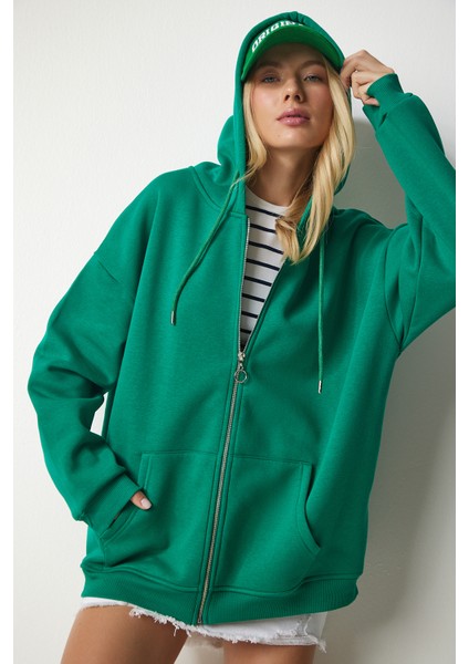 Kapüşonlu Fermuarlı Oversize Sweatshirt LUB0002 YEŞİL fiyatları