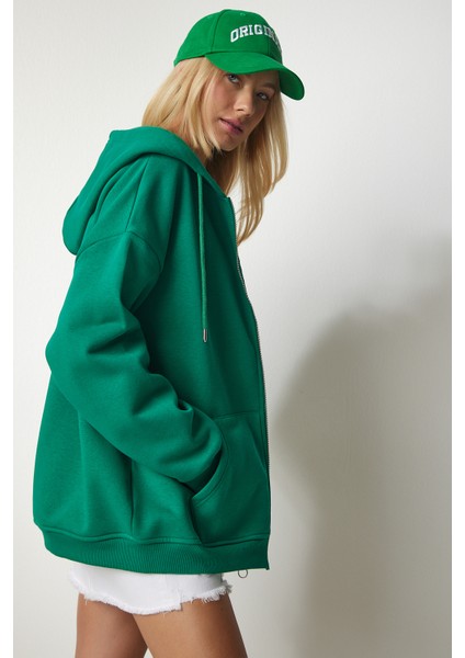 Kapüşonlu Fermuarlı Oversize Sweatshirt LUB0002 YEŞİL modelleri