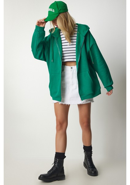 Kapüşonlu Fermuarlı Oversize Sweatshirt LUB0002 YEŞİL fırsatları
