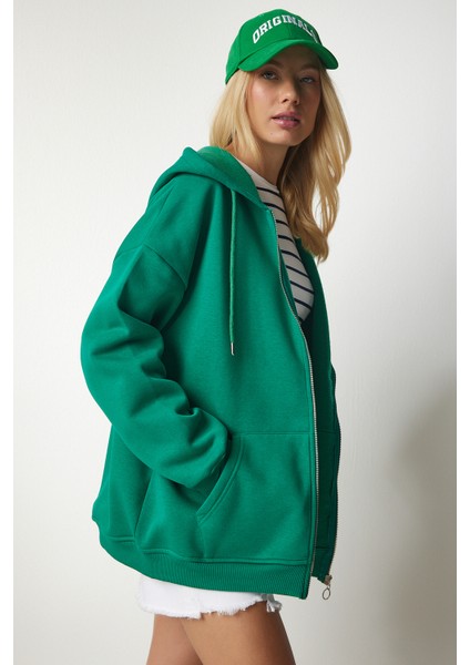 Kapüşonlu Fermuarlı Oversize Sweatshirt LUB0002 YEŞİL indirimleri