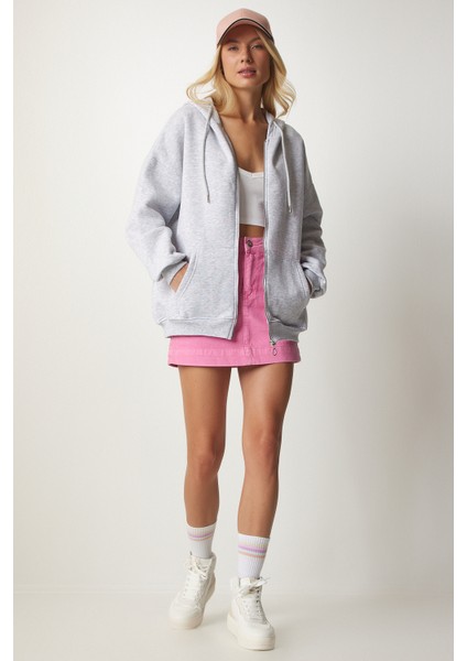 Kapüşonlu Fermuarlı Oversize Sweatshirt LUB0002 GRİ