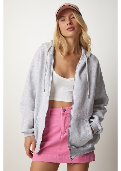 Kapüşonlu Fermuarlı Oversize Sweatshirt LUB0002 GRİ fiyatları
