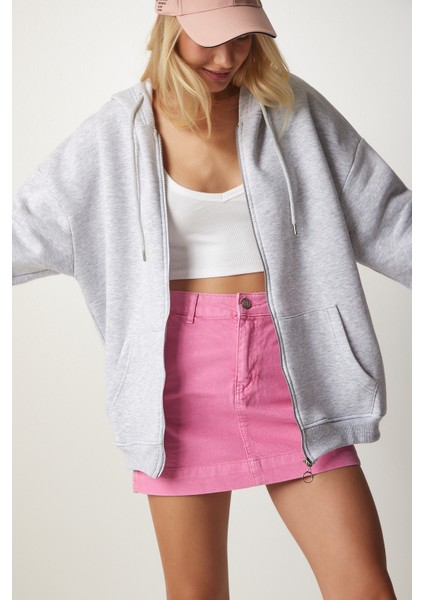 Kapüşonlu Fermuarlı Oversize Sweatshirt LUB0002 GRİ modelleri