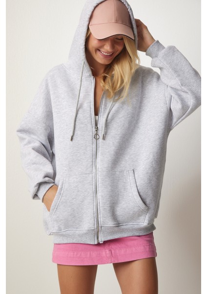 Kapüşonlu Fermuarlı Oversize Sweatshirt LUB0002 GRİ fırsatları